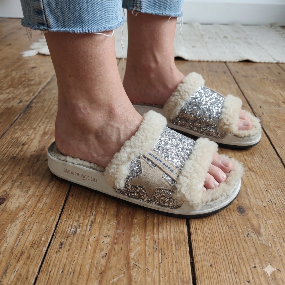 Golden Goose‎ Womens 6.5 Poolstar Slides Silver Glitter Shearling Star Sandals